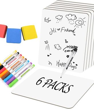 6 Pack Small White Board Dry Erase Classroom Pack Boards 9" x12” Personal Whiteboards for Students Teachers School Supplies Lapboards l Mini Whiteboard Erasers Included Colors pens