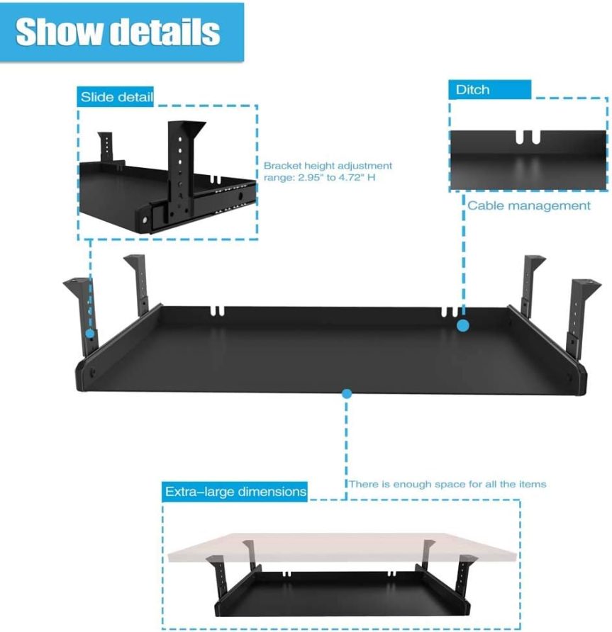 Under Desk Keyboard Tray Heavy-Duty All-Metal Material 20/24/30 inches Platform Computer Drawer Organizer Home Office Kitchen Bedroom Garage Storage Tool - Easy to Install.(20 inches, Black) - Image 2