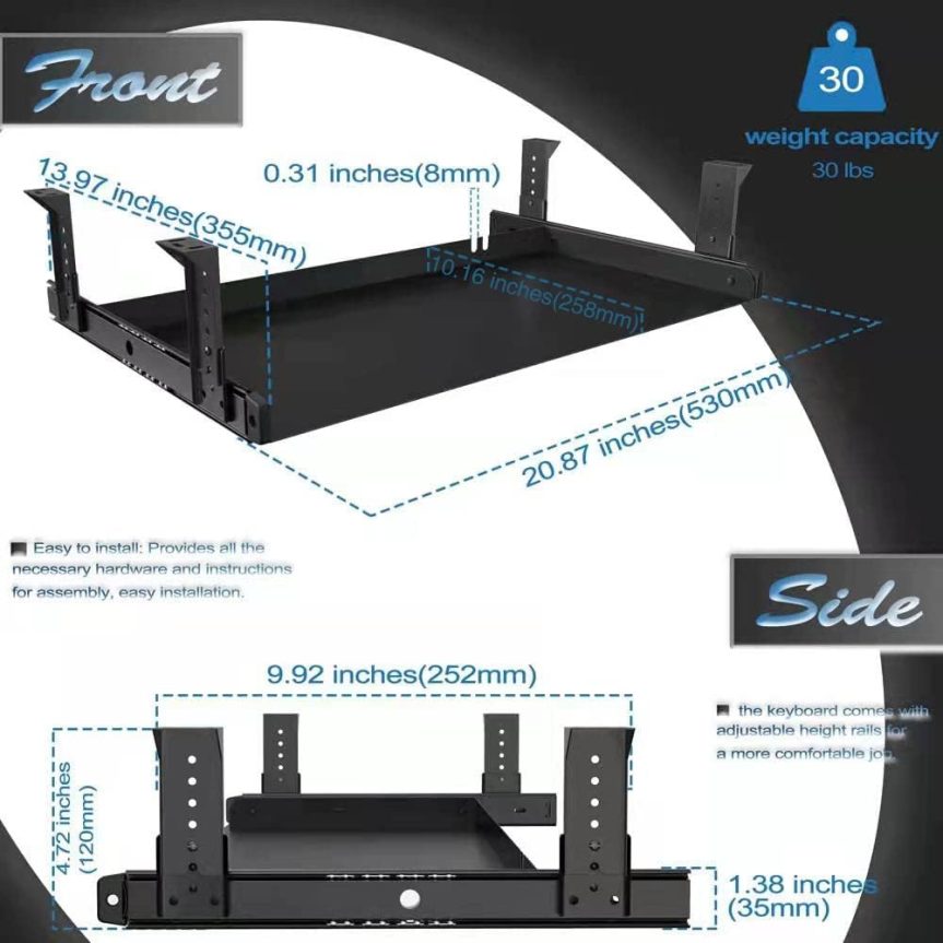 Under Desk Keyboard Tray Heavy-Duty All-Metal Material 20/24/30 inches Platform Computer Drawer Organizer Home Office Kitchen Bedroom Garage Storage Tool - Easy to Install.(20 inches, Black) - Image 3