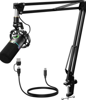 MAONO XLR/USB Dynamic Microphone Kit, RGB Podcast Mic with Software, Mute, Gain Knob, Volume Control, Boom Arm for Streaming, Gaming, Voice-Over, Recording-PD200XS Black